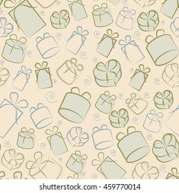 Gift boxes on light background seamless pattern. Saved in swatches.