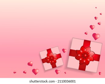 Cajas de regalo en un fondo rosado, espacio para texto. Gráficos vectoriales. Día de San Valentín.