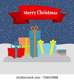 Gift boxes on snow and falling snow and a red ribbon with the inscription Happy Christmas. Vector illustration.