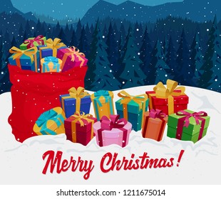 Gift Boxes on the snow with Red Ribbon and Bow. Christmas greeting card, Decorative colorful wrapped giftbox in forest with snowflakes, Santa bag with Xmas present box. Vector