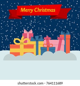 Gift boxes on snow and stellar sky and a red ribbon with the inscription Happy Christmas. Vector illustration.