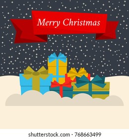 Gift boxes on snow and stellar sky and a red ribbon with the inscription Happy Christmas. Vector illustration.

