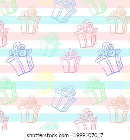 Gift boxes on a striped background, seamless pattern, vector illustration. Background with sketches of gifts. Packaging or wallpaper. Minimalistic delicate festive childrens striped pattern.