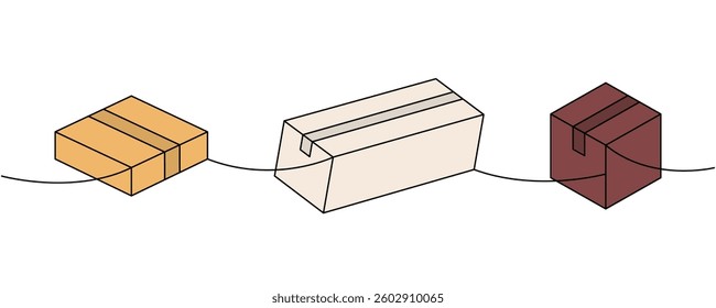 Gift boxes one line colored continuous drawing. Package cardboard boxes. Vector illustration.