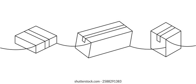 Gift boxes one line continuous drawing. Package cardboard boxes. Vector illustration.