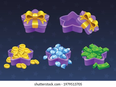 Cajas de regalo abiertas y cerradas. Caja de caricaturas con monedas de oro, diamantes y dinero. iconos de recompensa vectorial para interfaces de juego. obtener un bono. Gui estableció elementos para el móvil. 