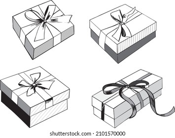 Gift boxes open and closed set with pastel ribbon bow isolated on a white background.