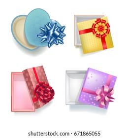 Gift boxes with open covers realistic colorful set on white