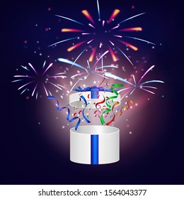 Gift boxes opening celebrated with colorful fireworks background
