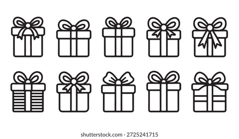 Iconos del contorno de las cajas de regalo. presente la caja con la cinta adornada. Ilustración vectorial del arte de la línea fijada en el fondo blanco