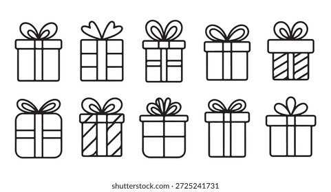 Gliederungssymbole in Geschenkboxen. Geschenkbox mit verschiedenen Mustern. Linie Kunst, Vektorgrafik auf weißem Hintergrund