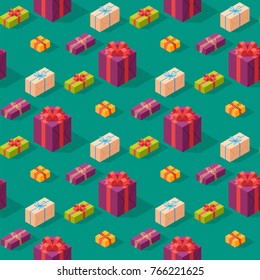 Gift boxes pack composition event greeting isometric birthday seamless pattern background vector illustration.