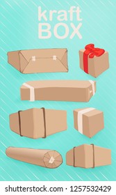 The gift boxes are packed in kraft paper in various ways. Bright blue-green striped background goes well with the brown color of the boxes.
