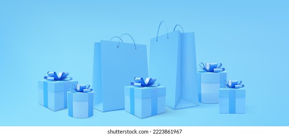 Caja de regalo y bolsas de papel fondo vectorial 3d. 3 quinquies cajas y bolsas de compras. Afiche de vacaciones, venta de compras. Navidad, Año Nuevo, Día de San Valentín, Regalo de cumpleaños.
