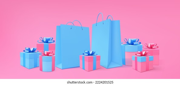 Caja de regalo y bolsas de papel fondo vectorial 3d. 3 quinquies cajas y bolsas de compras. Afiche de vacaciones, venta de compras. Navidad, Año Nuevo, Día de San Valentín, Regalo de cumpleaños.
