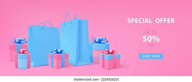 Gift boxes and paper bags 3d vector background. 3d present boxes and shopping bags. Holiday poster, shopping sale. Christmas, New Year, Valentines Day, Birthday present.