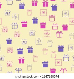 Gift boxes and parcels. Seamless vector pattern. Colorful background texture