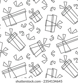 Gift boxes pattern in doodle style, outline, gifts isolated on white. Colorful packaging. Sale, shopping concept for design Collection for birthday, Christmas. For doodle vector design, outline