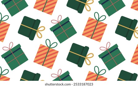 Gift boxes pattern, holiday theme, colorful green and orange gift boxes with ribbons, for Christmas, holiday-themed designs