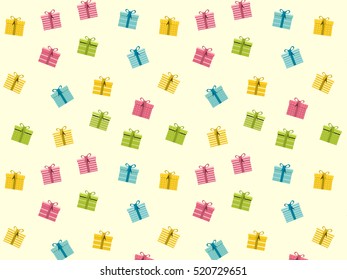 Gift boxes pattern with pink,yellow,blue,green color on white background suitable for wrapping paper.