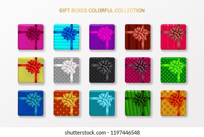 Gift boxes with patterns and bows in different colors. Set of realistic presents. Vector decoration templates.