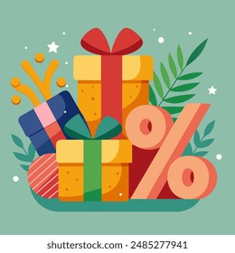 Gift boxes with percent sign vector illustration. Promotion discount sale offer. Square flat illustration for banners, stickers, labels, tags, web stickers, flyers, new offer, social media post