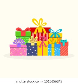 Gift boxes pile for Christmas or Birthday in flat design. Stacked  present boxes with ribbon and bow. Holiday, surprise, greeting card, shopping, wedding decoration elements. Vector illustration.