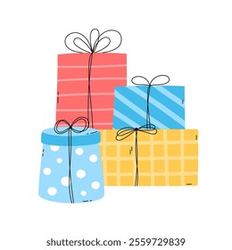 Gift boxes pile. Cute presents stack flat vector illustration. Wrapped gifts for birthday, Christmas,  New Year or other holiday, celebration, event. 