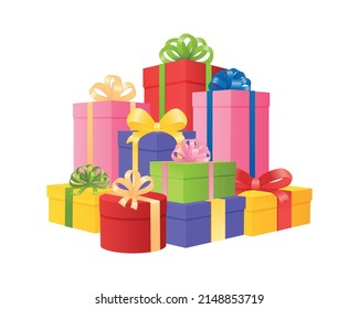 Gift boxes pile. Design holiday color paper cube concept. Vector happy surprise flat banner