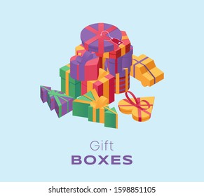 Gift boxes pile isometric color illustration. 3d presents stack, festive wrapped packages in different shapes isolated on blue background. Christmas, New Year surprises, giftboxes with ribbons