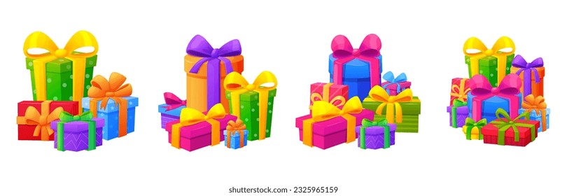 Gift boxes piles, present boxes mountains. Christmas gifting containers, birthday surprise. Holiday xmas cartoon stacks, nowaday vector clipart