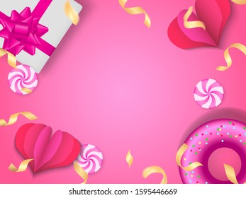 Gift boxes with pink bow, golden serpentine and paper hearts. Vector stock illustration for poster