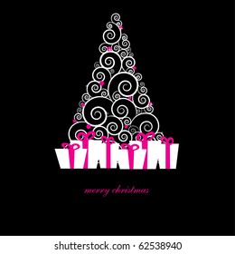 Gift boxes with pink bows under christmas tree.  Holiday card in dark colors. 