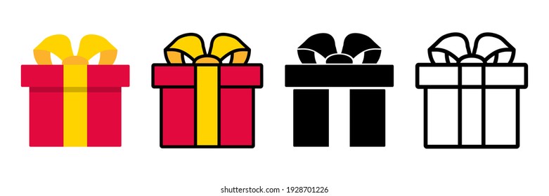 Gift boxes. Present box. Set of present boxes in differents style. Black thin line and color vector icon. Surprise in the box, gift, prize give away. Collection for Birthday, Christmas, sale, shopping