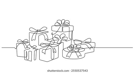 gift boxes present decoration set continuous line drawing minimalism illustration. Christmas party and new year birthday celebration concept