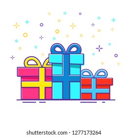 Gift boxes present, greeting, surprise. Flat vector.Presents isolated on white birthday, Christmas.Colorful wrapped.