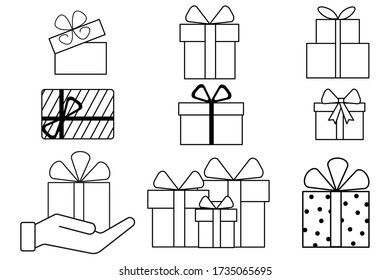 Gift boxes with present. Real Christmas sets tied with ribbons. Collection of flat images.