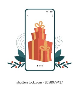 Cajas de regalo presentes en la pantalla de Smartphone. Ilustraciones de vectores planos con publicidad de mercados navideños y ventas en aplicaciones móviles.