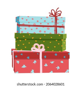 Gift boxes, presents. Beautiful Christmas colorful wrapped bags with an overwhelming bow. Shopping. Gifts for the holidays. Vector illustration.