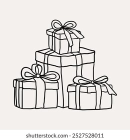 Gift Boxes, Presents. Christmas hand drawn whimsical line art icons 2. 
