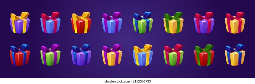 Las cajas de regalo se presentan en papel y arcos coloridos. Bonos, premios, cumpleaños, Navidad, San Valentín, celebración de Año Nuevo activos de juego aislados, elementos de diseño gráfico gui o ui, conjunto de vectores de dibujos animados