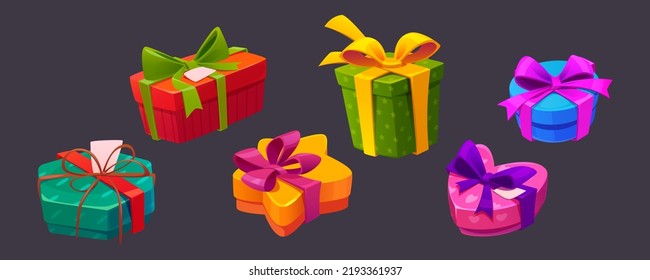 Gift boxes, presents in colorful wrapping paper with bows. Heart, round, star, square shape packages. Bonus, award, birthday, Christmas, Valentine, New Year celebration isolated Cartoon vector set