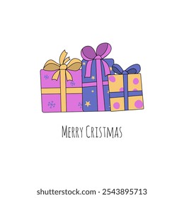 Gift boxes, presents in google style. Holiday greeting card concept. Merry Christmas and Happy New. Vector illustration