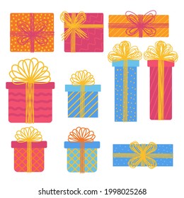 Gift boxes, presents icon set. Hand drawn doodle collection. Sale shopping concept. Birthday Party Christmas. Cartoon elements, flat design illustration.