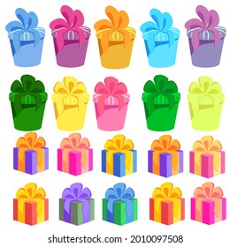 Gift boxes, presents icon set. Sale shopping concept. Birthday Party Christmas. Cartoon elements, flat design illustration.