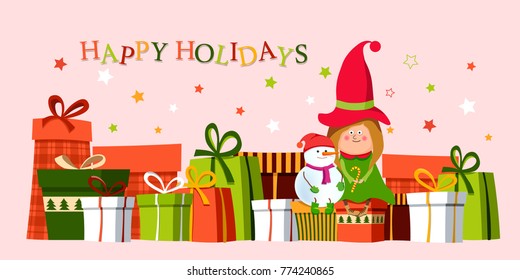  Gift boxes. Presents isolated, colorful. Elf and snowman.Vector illustration.