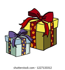 Gift boxes, presents isolated on white. Colorful wrapped. Sale, shopping concept. Collection for Birthday, Christmas. For Vector Cartoon flat design.