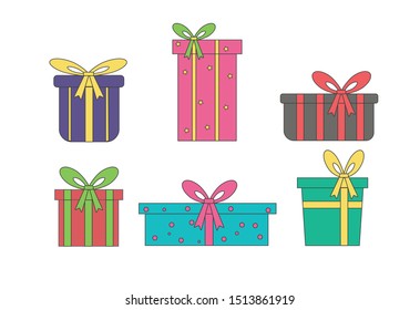 Gift boxes, presents isolated on white. Colorful wrapped. Sale, shopping concept. Collection for Birthday, Christmas.