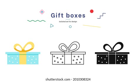 Gift boxes, presents isolated on white. Colorful wrapped. Sale, shopping concept. Collection for Birthday, Christmas. For Vector Cartoon flat design. Colored Gift Boxes with Ribbon vector set