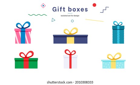 Gift boxes, presents isolated on white. Colorful wrapped. Sale, shopping concept. Collection for Birthday, Christmas. For Vector Cartoon flat design. Colored Gift Boxes with Ribbon vector set